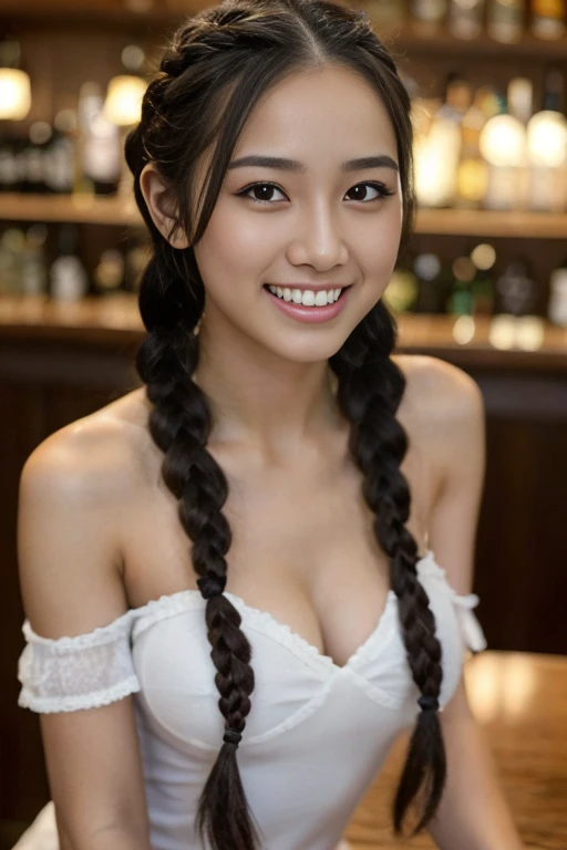 (Masterpiece: 1.2), Best Quality, (Illustration: 1.2), Eye Focus, (Ultra Detailed), Ultra Detail, (Fine Detail), (Intricate Detail), (Cinematic Light, Best Quality Backlight), Clear Lines, a 18yo girl, Perfect Figure, High Contrast, (Best Lighting, Extremely Delicate and Beautiful), ((Cinematic Light)), Powerful, Absolutely Striking, Dynamic Angle, Gorgeous Background, cute Teeth, Open Mouth, mischievous smile, close-up, depth of field, close-up of a long-haired character. A cute tongue sticks out of the mouth, long hair, big breasts, short sleeves, dress, bare shoulders, braids, the girl looks confident and fashionable.",full body, sexy pose,make a cocktail , in a bar counter, Looking at Viewer,