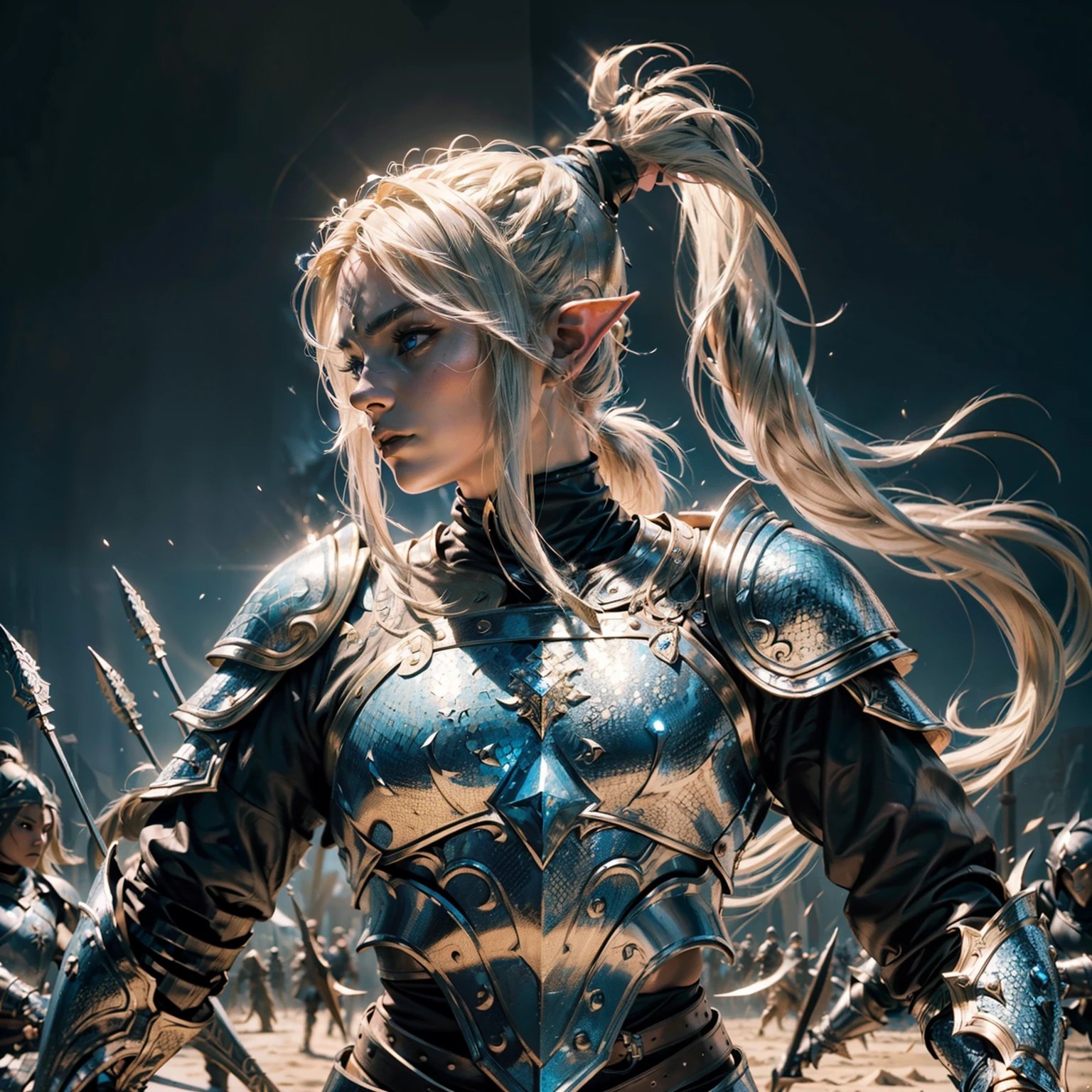 (ultra detailed, work of art, masterwork, high quality), male (palid skin:1.3) wearing (blue Metal Heavy Scale mail Armor), fighting stance, elf ears, blond long hair ((ponytail hair)), background of a field of medieval warfare, ((hyperrealistic cinematic light:1.3)), ((fight pose))