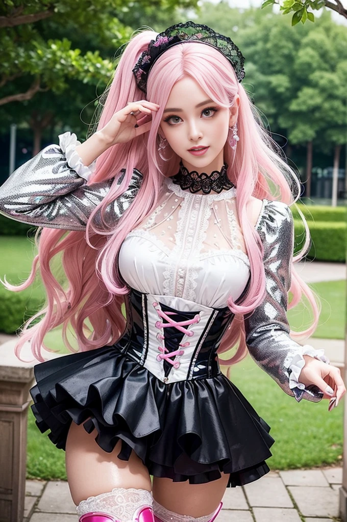 sexy stylish Swedish model, only 1 female, ((doll-like appearance)), long neon pink stylish hair, ((shiny Victorian-Style boots)), (big smile), ultra detailed eyes, very detailed eye makeup, lipgloss, long lashes, defined eyebrows, ((sexy Paradise Kiss cosplay)), bell-shaped skirt, petticoats, high neckline, puffed sleeves, ((ultra detailed lace)), ((ultra detailed embroidery)), intricate details, Paradise Kiss accessoires and matching headpiece, choker, ((large sparkling Paradise Kiss jewelry)), cinematic light, detailed large park background with trees