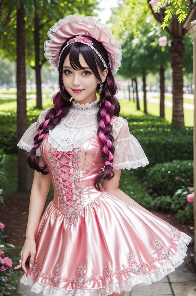 sexy stylish Swedish model, only 1 female, ((doll-like appearance)), long neon pink stylish hair, ((shiny Victorian-Style boots)), (big smile), ultra detailed eyes, very detailed eye makeup, lipgloss, long lashes, defined eyebrows, ((sexy Paradise Kiss cosplay)), bell-shaped skirt, petticoats, high neckline, puffed sleeves, ((ultra detailed lace)), ((ultra detailed embroidery)), intricate details, Paradise Kiss accessoires and matching headpiece, choker, ((large sparkling Paradise Kiss jewelry)), cinematic light, detailed large park background with trees