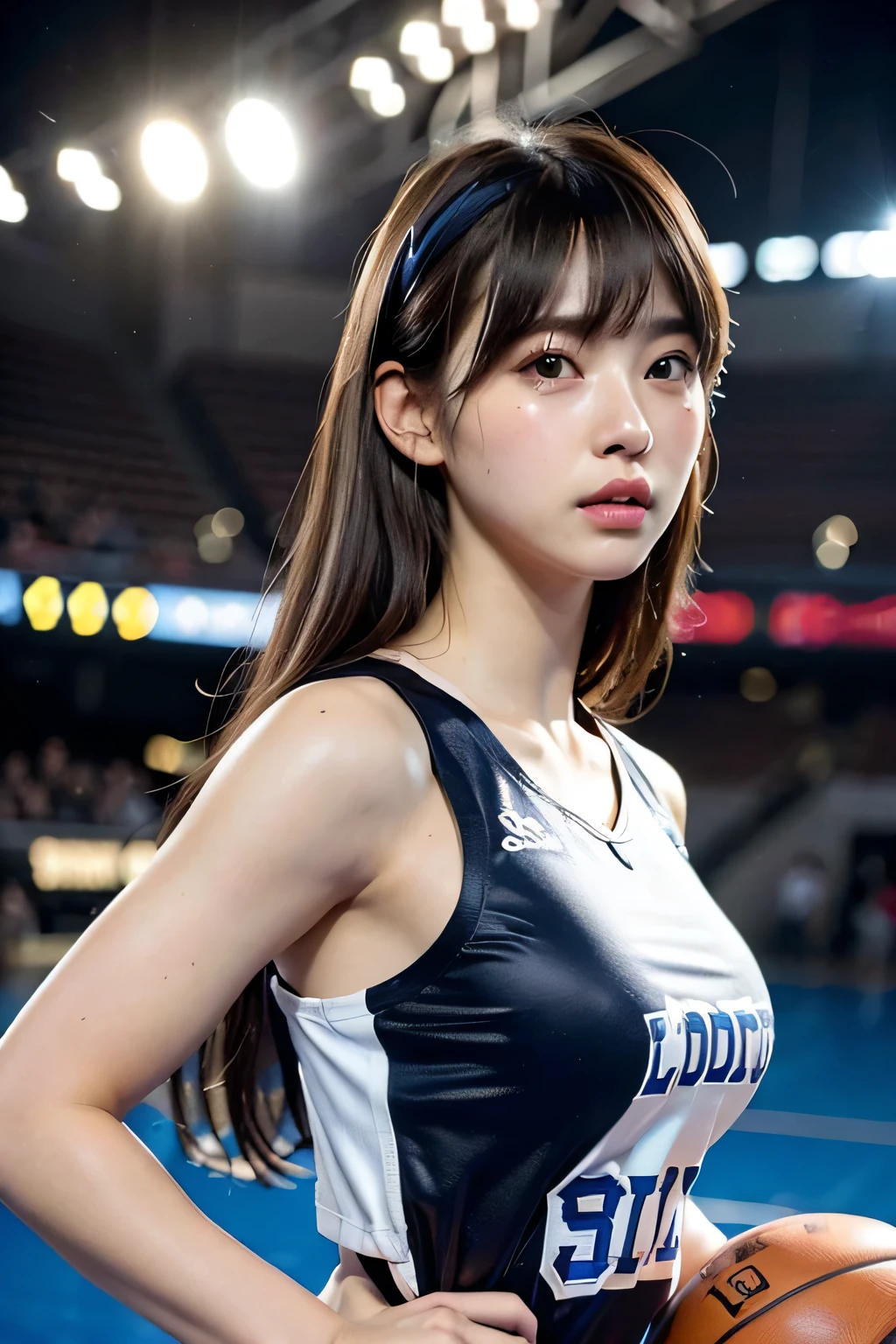 (8K, highest quality, masterpiece:1.2), (realistic, photo-realistic:1.37), super detailed,highest quality, ultra high resolution, professional lighting, There is a crying spot under my right eye.、photon mapping, radio city, Physically based rendering, cinematic lighting, basketball court,Depth of bounds written, sharp focus,sunbeam, (blarge breasts:1.2), good composition,(Bokeh:1.2) 1 girl,alone,(Upper body), (closed mouth), fine eyes, Pause, tight waist,Basketball Uniform, dark brown hair,long hair fluttering in the wind,(Ulzzang-6500:1.2), mix 4, hiqcgbody