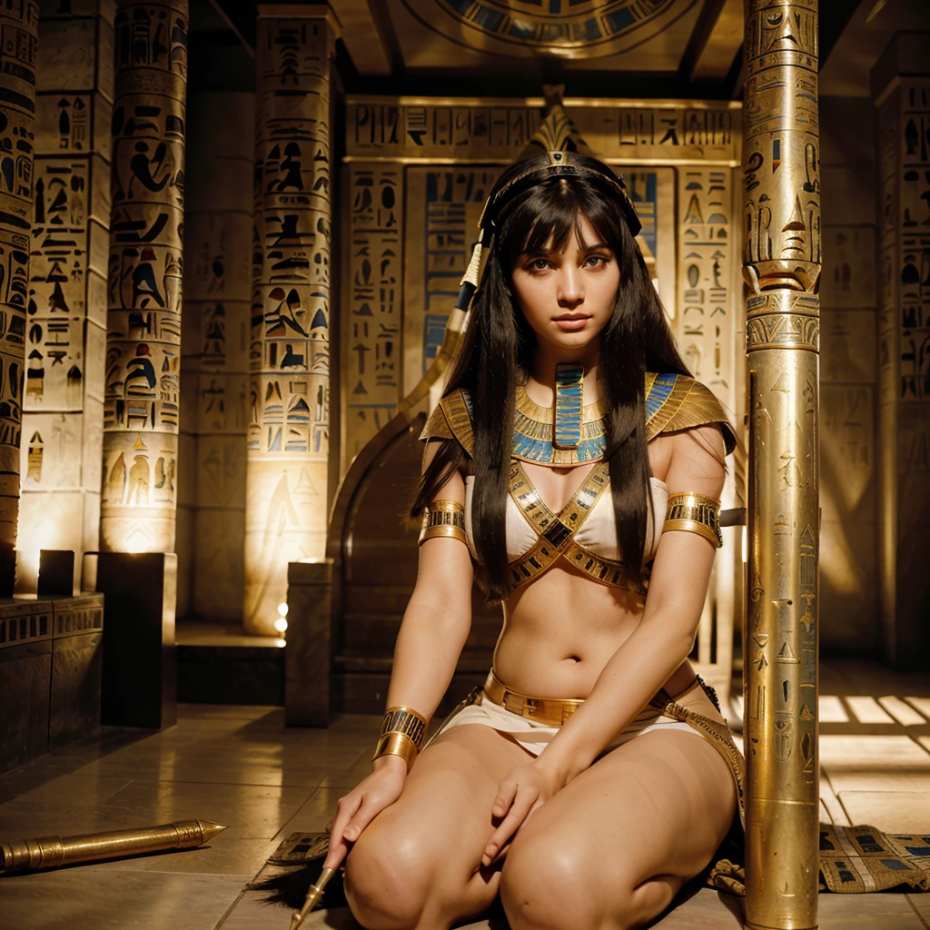 a white woman (((a beautiful lady dressed in an ancient Egyptian outfit))), (very long hair, midi cut with bangs), (full body) absolute resolution, ((Egyptian Khol eyeliner)), high resolution, ultra detailed, long hair, black hair, (Muscovite girl), Egyptian clothing, too many Egyptian decorations, ((blue eyes)), smile, holding a spear (Holding spear: 1.2), (Spear-type staff: 1.2), Staff of heavy weapon, Combat Stance. ((Close perspective))((Sitting on a throne))((Short medium shot)).