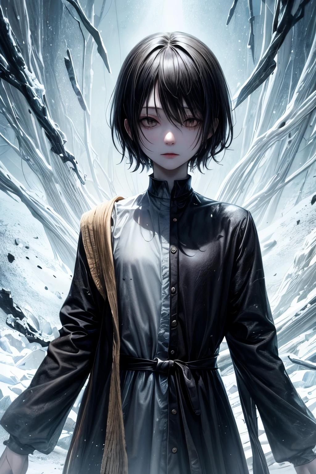 A spirit like creature that has a human like body, made of dirt and ice, has white eyes, their body is black , has no hair and their features are not noticeable
