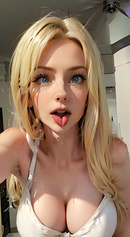 Close-up of face from above、One white mature woman,nude、, 60 years old, alone, Climax, Realistic facial wrinkles, Blonde, Very huge breasts、Gorgeous hairstyle、(((Open Mouth、Kissing the camera with tongue out))), Drunk face、 Big breasts, saggy breasts, View the slender viewer, slender, Narrow waist, Blue eyes, business suit, Cleavage, , Realistic, Sexy look, Sitting on the bed