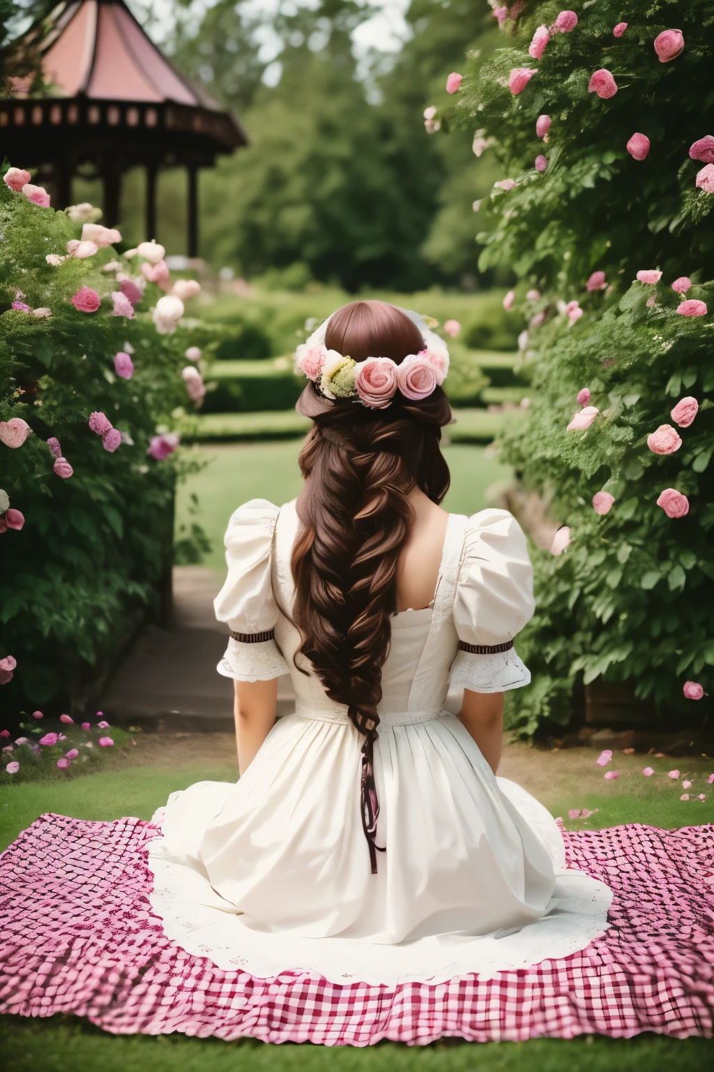 lady wearing victorian rose garden picnic, vintage style, Picnic table, from behind
 long hair