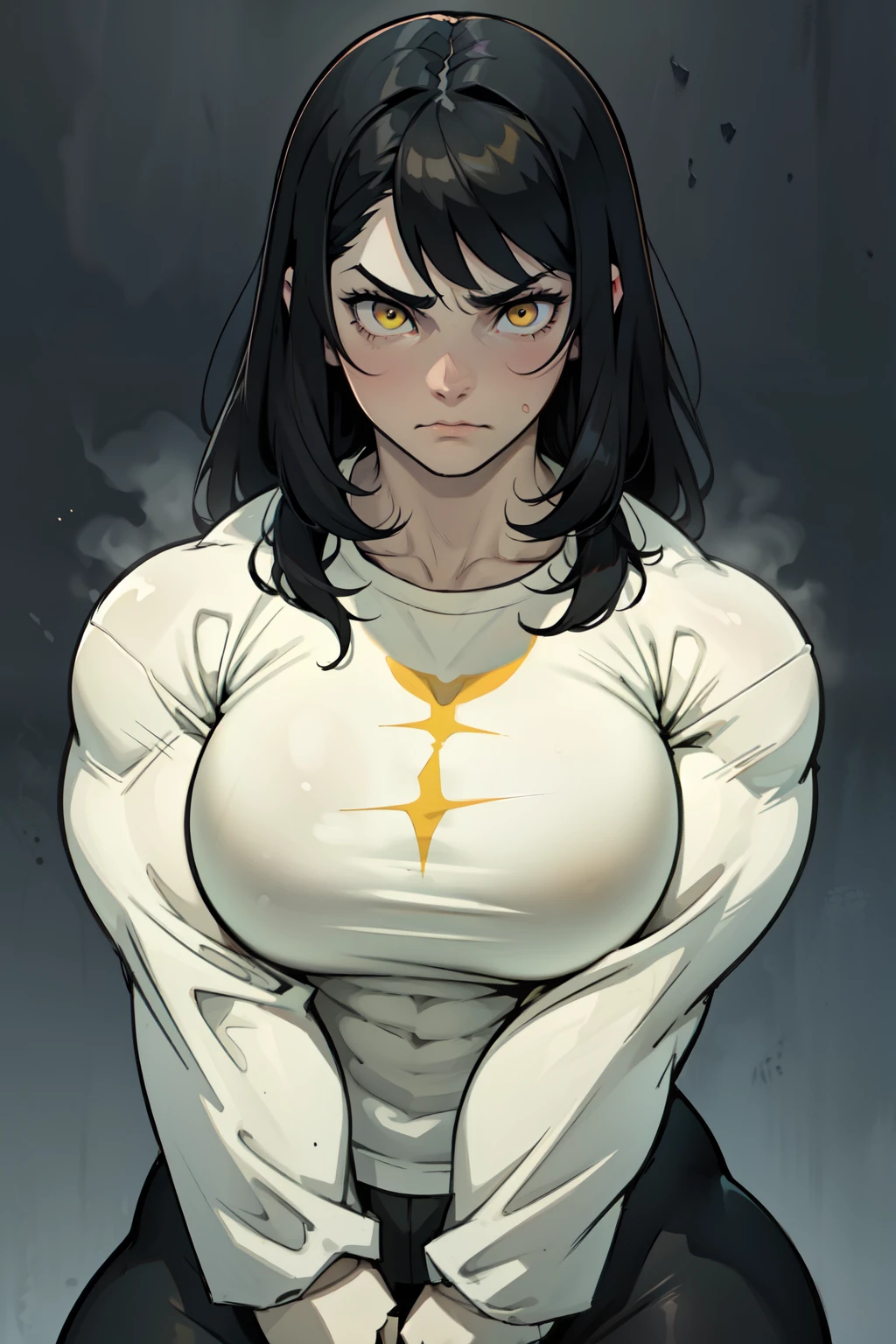 pale angry muscular girl thick breast black hair yellow eyes hair between eyes detailed eyes