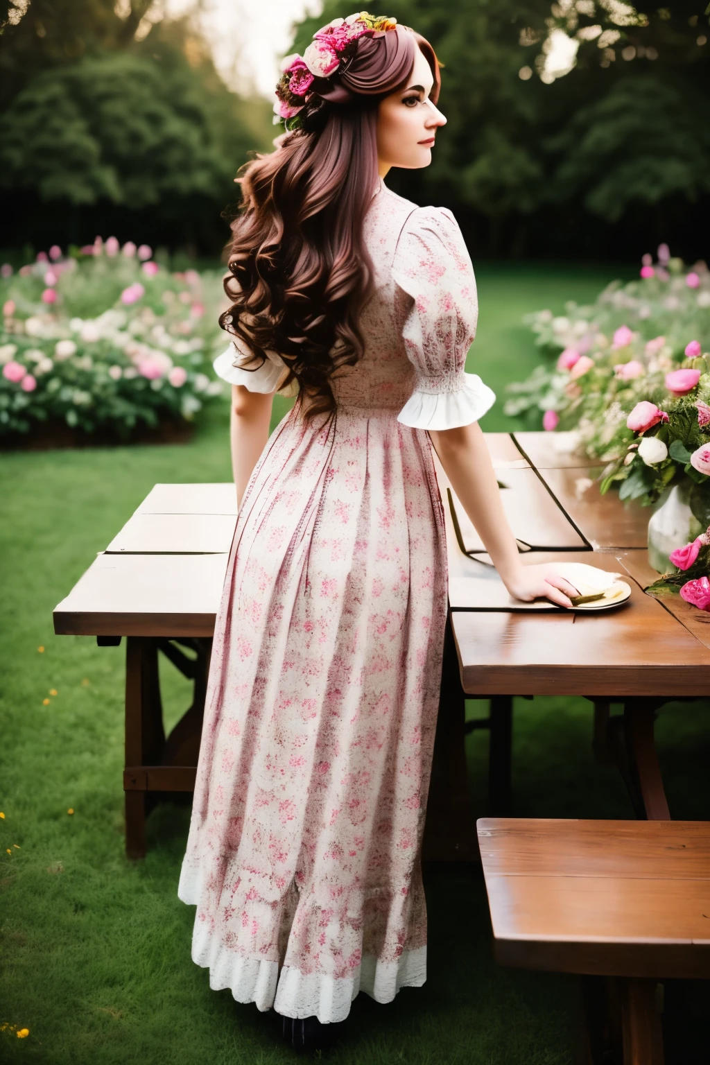 lady wearing victorian rose garden picnic, vintage style, Picnic table, from behind
 long hair