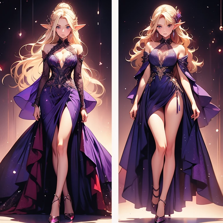female adult elf with darkblonde hair wearing a tight dress and flat shoes, elven short dress in purple and red with gemstones and details, full body, sexy tight dress