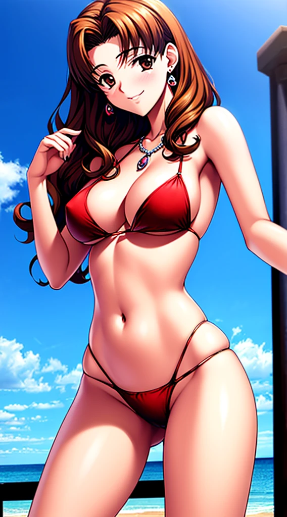 Sonozaki　Misao Sonozaki, masterpiece, best quality, an attractive sexy mature woman wearing a red latex bikini standing on a railing next to the ocean, 1girl, breasts, sexy swimsuit, outdoors, high-leg bikini, solo, under , navel, day, stomach, looking at viewer, ocean, sky, skin-dentation, string bikini, cleavage, beach, side-tie bikini bottom, blue sky, cloud, smile, closed mouth, jewelry, collarbone, bare shoulders, thighs, cowboy shot, strap gap, earrings, necklace, right brown hair, wavy and curly hairstyle, long hair, large breast, tareme, nice ass, brown eyes, slender face, beautiful tits, beautiful ass, slim waist, 