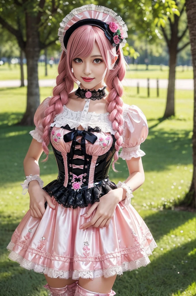 sexy stylish Swedish model, only 1 female, ((doll-like appearance)), long neon pink stylish hair, ((shiny Victorian-Style boots)), (big smile), ultra detailed eyes, very detailed eye makeup, lipgloss, long lashes, defined eyebrows, ((sexy Paradise Kiss cosplay)), bell-shaped skirt, petticoats, high neckline, puffed sleeves, ((ultra detailed lace)), ((ultra detailed embroidery)), intricate details, Paradise Kiss accessoires and matching headpiece, choker, ((large sparkling Paradise Kiss jewelry)), cinematic light, detailed large park background with trees
