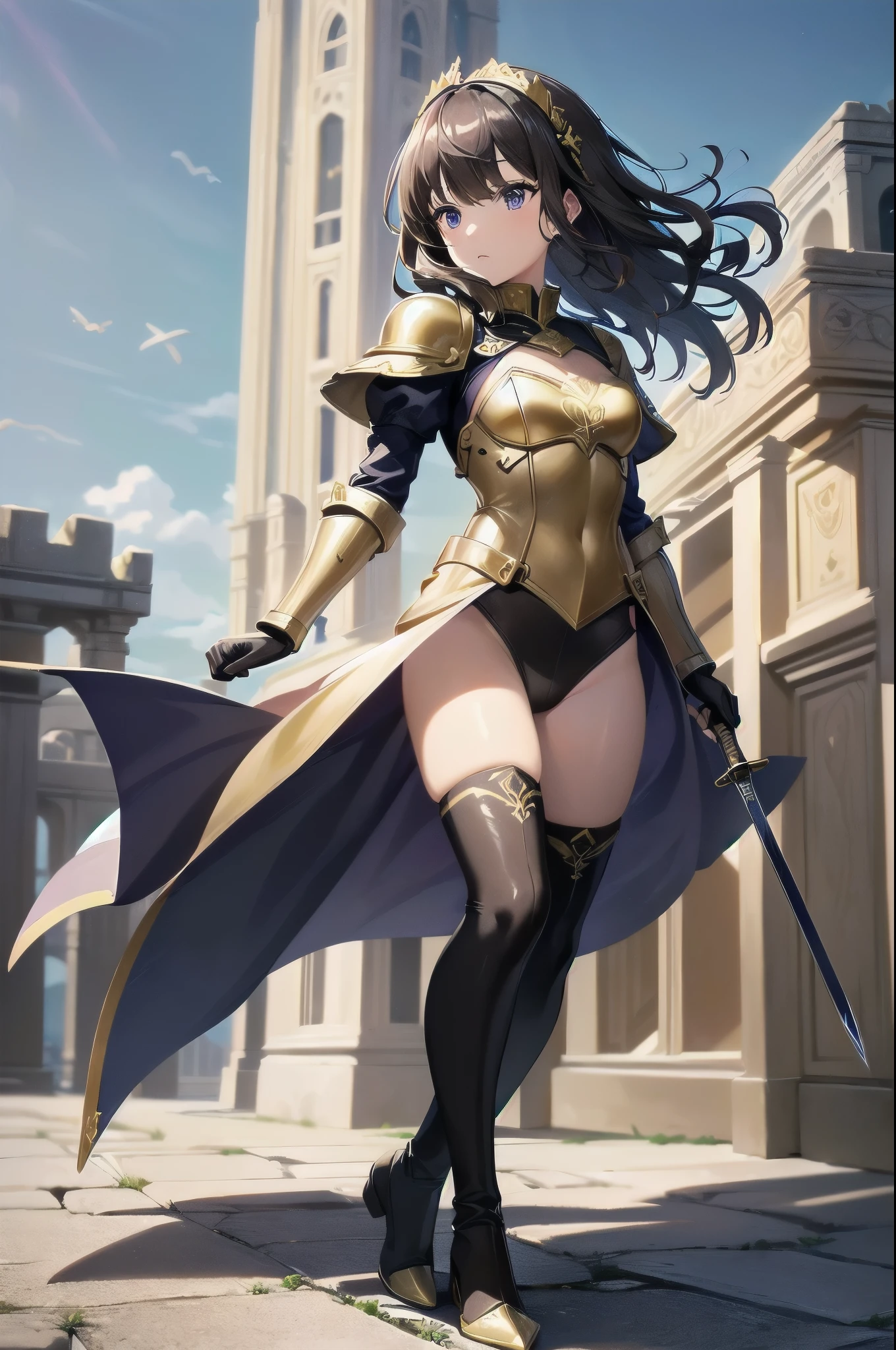 masterpiece, best quality, solo focus, 1girl, 22 years old, brown hair, (wavy hair, short hair), gold headband, purple eyes, beautiful detailed eyes, (gold medieval armor), (eagle (symbol) on chest), gauntlets, (leotard, black leotard, matching leotard, bare legs), (thighhigh leggings, boots, matching boots), standing, legs straight, perfect hands, (holding broad sword), mountain base backdrop, (ruined castle, ruins), solo, (perfect anatomy), (full body shot), cowboy shot.