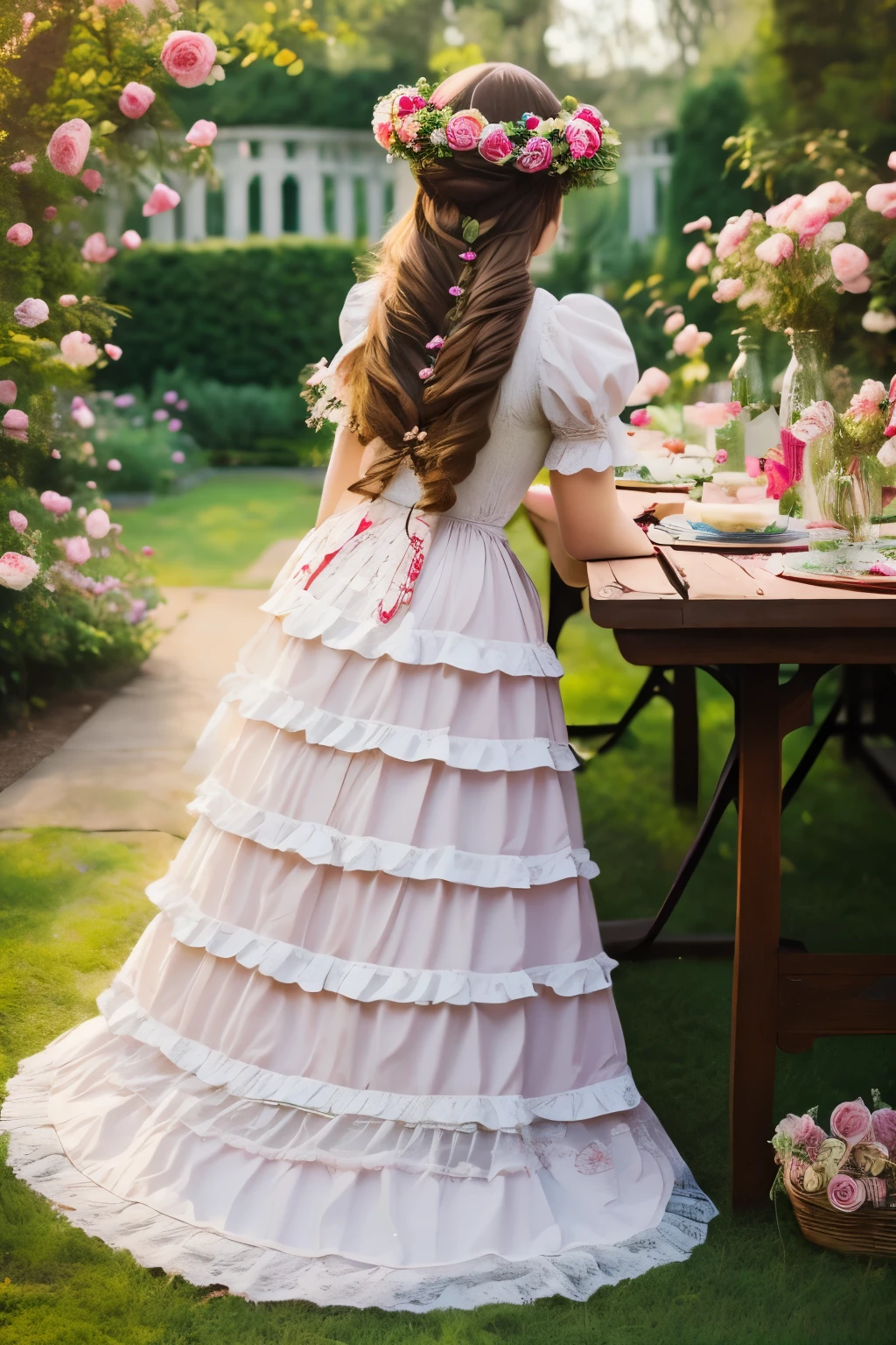 lady wearing victorian rose garden picnic, vintage style, Picnic table, from behind long hair, painting