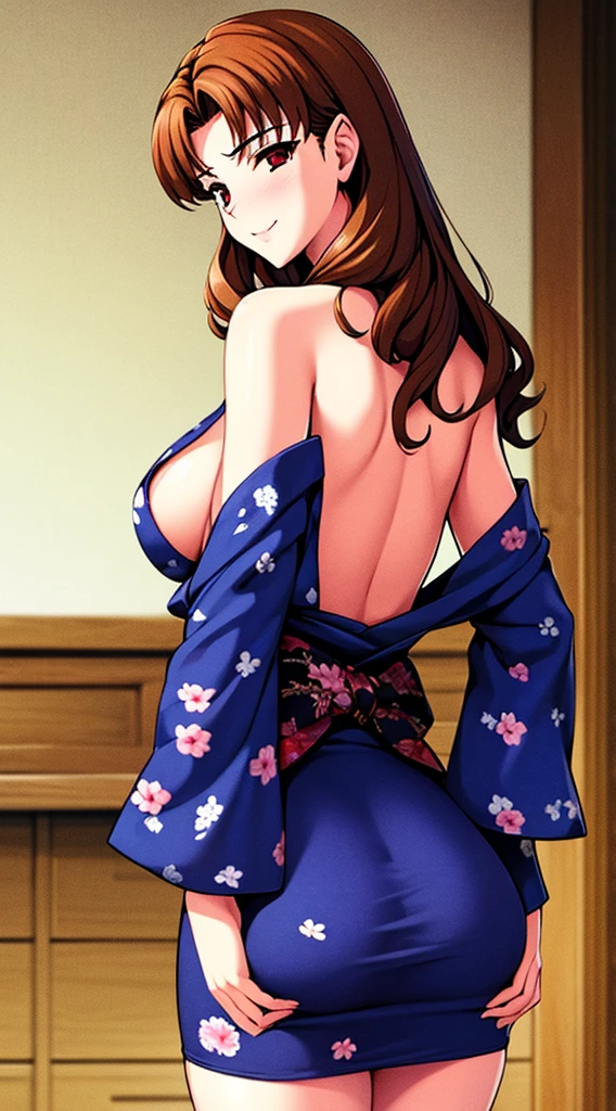 Sonozaki Misao Sonozaki, masterpiece, best quality, a very very very sexy mature woman in a sexy outfit posed in a way to suggest she is looking at the camera, 1girl, breasts, japanese clothes, solo, kimono, red eyes, smile, cleavage, looking at viewer, bangs, off shoulder, bare shoulders, floral print, red kimono, right brown hair, wavy and curly hairstyle, long hair, large breast, tareme, nice ass, brown eyes, slender face, beautiful tits, beautiful ass, slim waist,