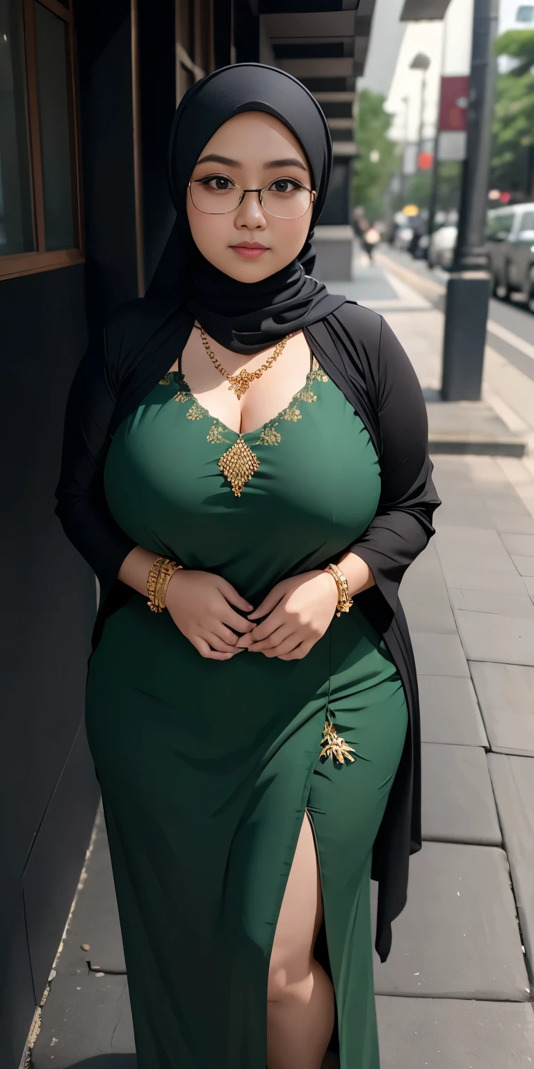 1 malay girl, modern plain hijab, shy, medium portrait, watery eyes, wearing dark green kebaya, ((big breasts)), black bokeh background, well-proportioned body,, chubby massive thighs, full body pose, wearing a necklace , wearing 10 bracelet , wearing a sneaker , glasses 