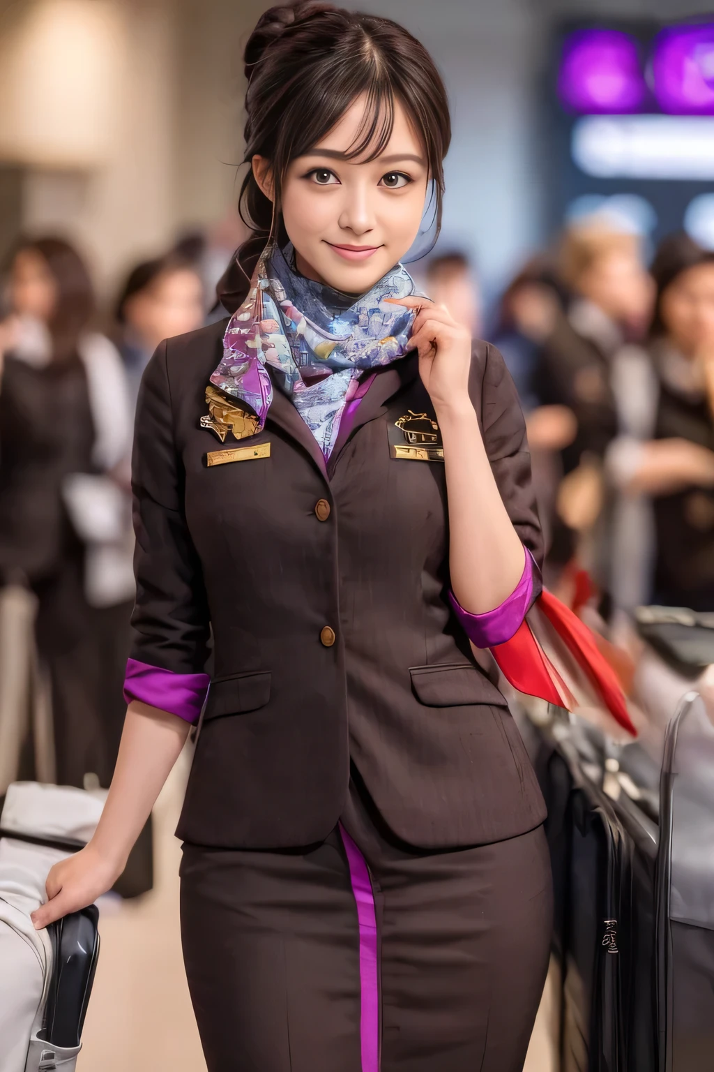 (masterpiece:1.2、highest quality:1.2)、32K HDR、High resolution、(alone、1 girl、Slim figure)、（A realistic reproduction of the ETIHAD Airways Cabincrew Uniform）、 (At the airport counter, Professional Lighting)、A proper woman, Beautiful Face,、（Long sleeve ETIHAD Airways Cabincrew Uniform）、（ETIHAD Airways Cabincrew Uniform skirt with purple stripe on the front）、（scarf on chest）、Big Breasts、（Long Hair Up、Hair Bun）、Dark brown hair、Long Shot、（（Great hands：2.0））、（（Harmonious body proportions：1.5））、（（Normal limbs：2.0））、（（Normal finger：2.0））、（（Delicate eyes：2.0））、（（Normal eyes：2.0））)、Beautiful standing posture、smile