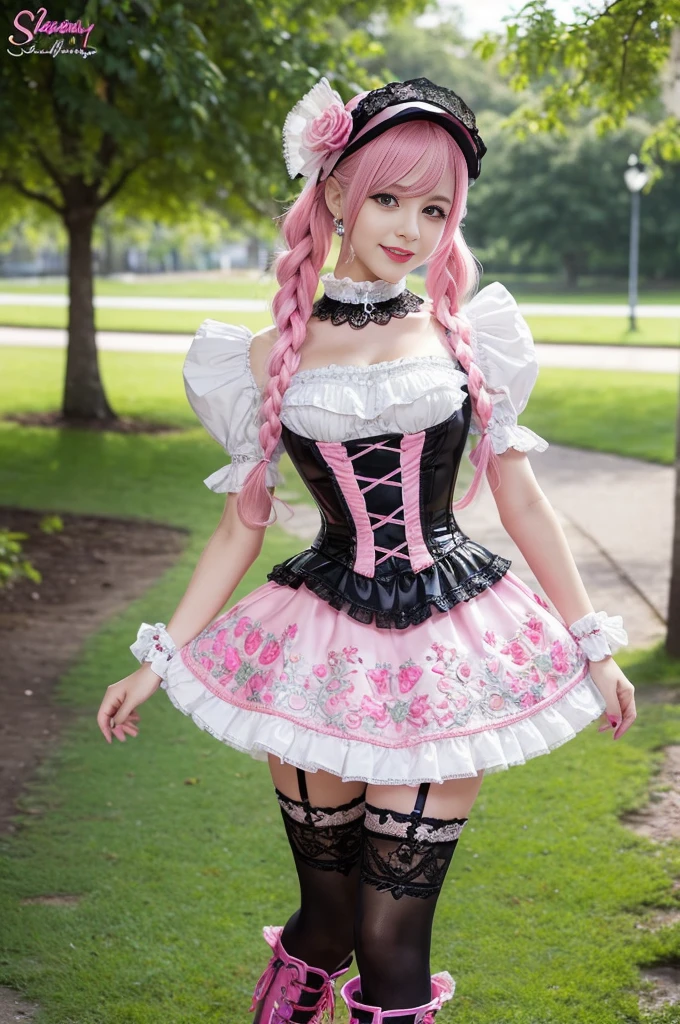 sexy stylish Swedish model, only 1 female, ((doll-like appearance)), long neon pink stylish hair, ((shiny Victorian-Style boots)), (big smile), ultra detailed eyes, very detailed eye makeup, lipgloss, long lashes, defined eyebrows, ((sexy Paradise Kiss cosplay)), bell-shaped skirt, petticoats, high neckline, puffed sleeves, ((ultra detailed lace)), ((ultra detailed embroidery)), intricate details, Paradise Kiss accessoires and matching headpiece, choker, ((large sparkling Paradise Kiss jewelry)), cinematic light, detailed large park background with trees 