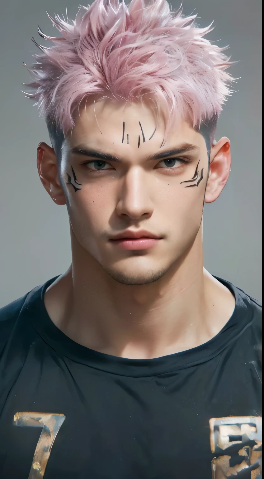 there is a man with pink hair and a black shirt, stunning face portrait, detailed, high detailed face, hyper realistic, portrait of a handsome man, handsome guy, very handsome, attractive, seductive, muscular, 