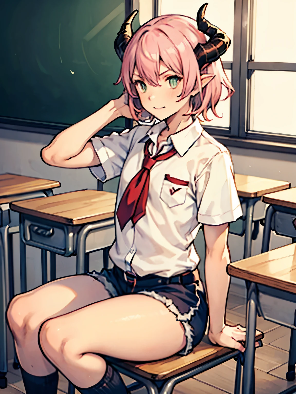 a male femboy with pink hair dragon horns and tail. dressed in a school outfit with shorts in a classroom