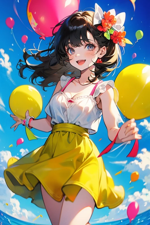 1girl,solo,cute,colorful,she has a balloons,around balloons,cleavage,falling from sky,brilliant,vivid