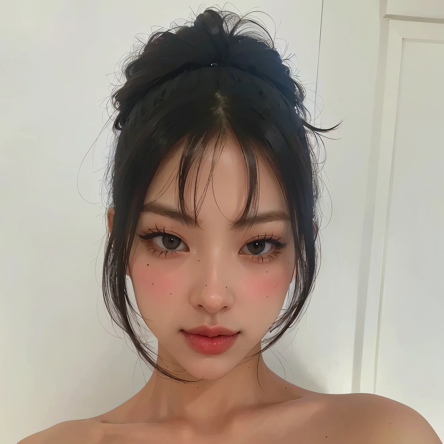 Instagram selfie ,Upper Body Shot、 Beautiful 19yr old japanese female , 笑face , Detailed skin、face、eye , Natural light , at home , ponytail、Black Hair、Completely naked ,Low contrast, 自然なface , Small breasts、Nipples、Fair skin、Multiple moles、Touch my breasts、Sweaty、Open Mouth、Teeth are visible、blush:2.0,