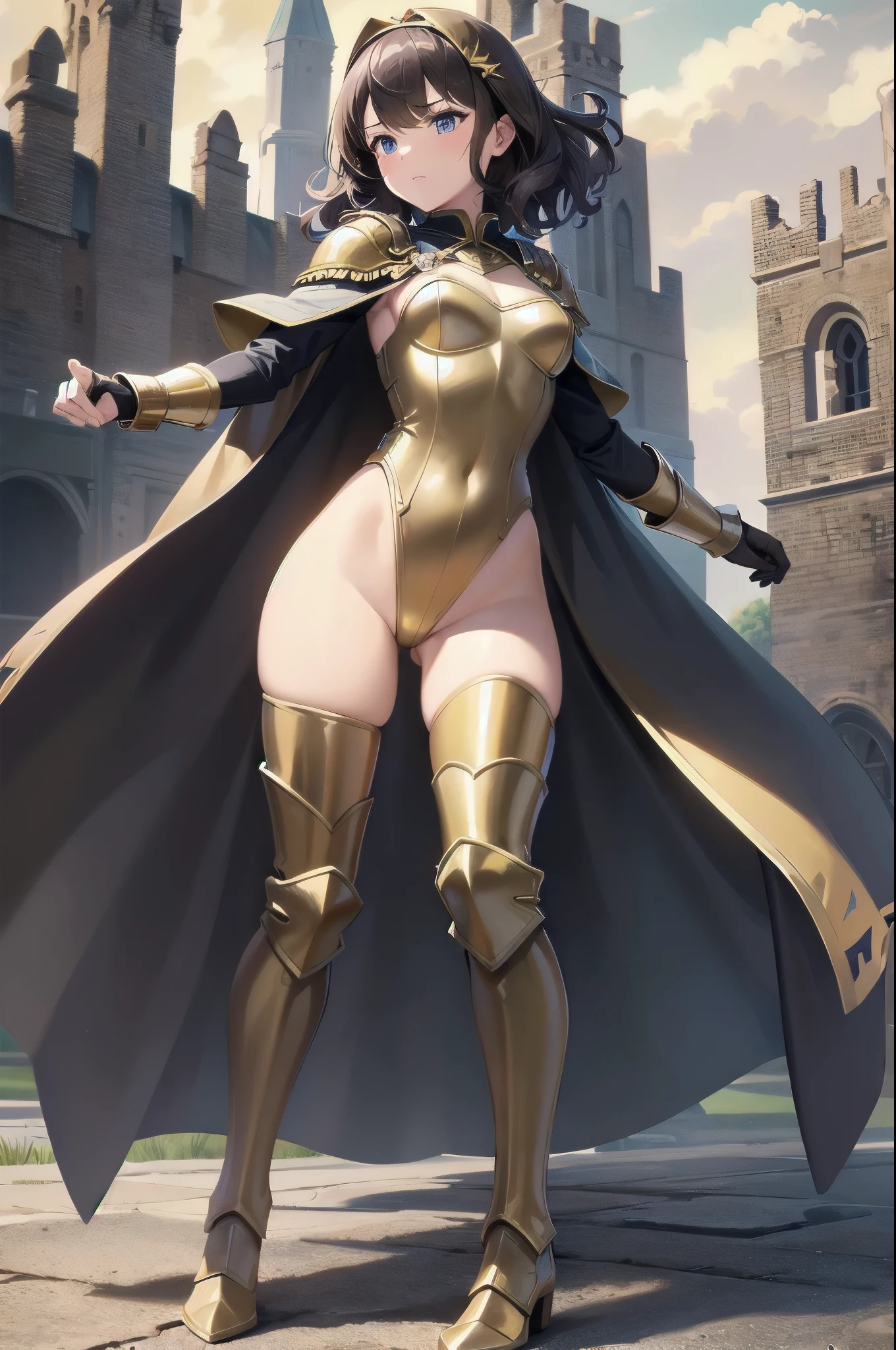 masterpiece, best quality, solo focus, 1girl, 22 years old, brown hair, (wavy hair, short hair), gold headband, purple eyes, beautiful detailed eyes, (gold medieval armor), (eagle (symbol) on chest), gauntlets, (leotard, black leotard, matching leotard, bare legs), (thighhigh leggings, boots, matching boots), standing, legs straight, perfect hands, (holding broad sword), mountain base backdrop, (ruined castle, ruins), solo, (perfect anatomy), (full body shot), cowboy shot.