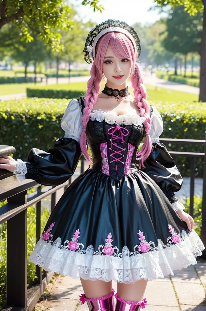 sexy stylish Swedish model, only 1 female, ((doll-like appearance)), long neon pink stylish hair, ((shiny Victorian-Style boots)), (big smile), ultra detailed eyes, very detailed eye makeup, lipgloss, long lashes, defined eyebrows, ((sexy Paradise Kiss cosplay)), bell-shaped skirt, petticoats, high neckline, puffed sleeves, ((ultra detailed lace)), ((ultra detailed embroidery)), intricate details, Paradise Kiss accessoires and matching headpiece, choker, ((large sparkling Paradise Kiss jewelry)), cinematic light, detailed large park background with trees