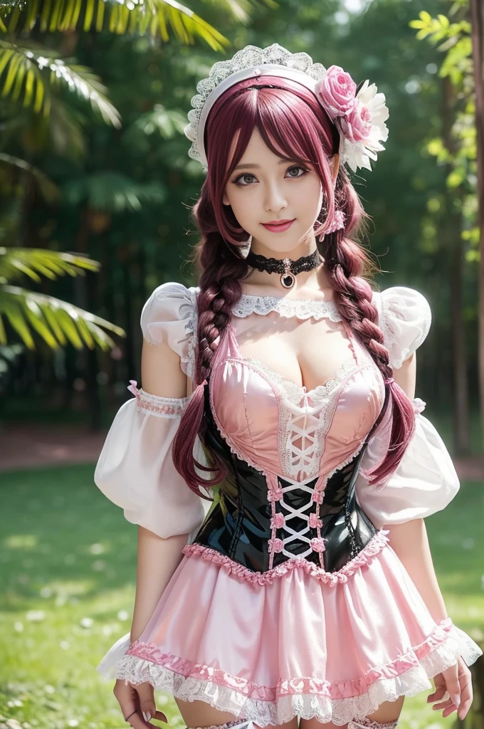 sexy stylish Swedish model, only 1 female, ((doll-like appearance)), long neon pink stylish hair, ((shiny Victorian-Style boots)), (big smile), ultra detailed eyes, very detailed eye makeup, lipgloss, long lashes, defined eyebrows, ((sexy Paradise Kiss cosplay)), bell-shaped skirt, petticoats, high neckline, puffed sleeves, ((ultra detailed lace)), ((ultra detailed embroidery)), intricate details, Paradise Kiss accessoires and matching headpiece, choker, ((large sparkling Paradise Kiss jewelry)), cinematic light, detailed large park background with trees