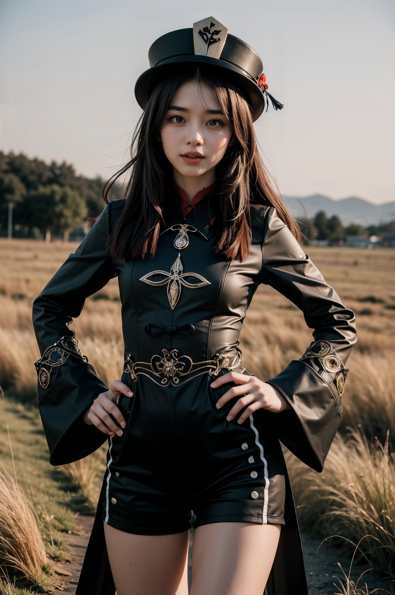 masterpiece, highest quality,Highest quality、(symbol-shaped pupils), (flower shaped pupils), blush, smile, open mouth,cowboy shot,(very long hair:1.2),(Perfect Face:1.2)、the wind is strong、The wind is blowing、Hair swaying in the wind、small breasts,(spread arms)、Facing forward、long sleeves, hat, jewelry, flower, thighs, shorts, socks, black headwear, chinese clothes, black shorts, ring,cowboy shot,Fiery red sky、sunset、(grassland)、Hands on hips、Pose with hands on hips、