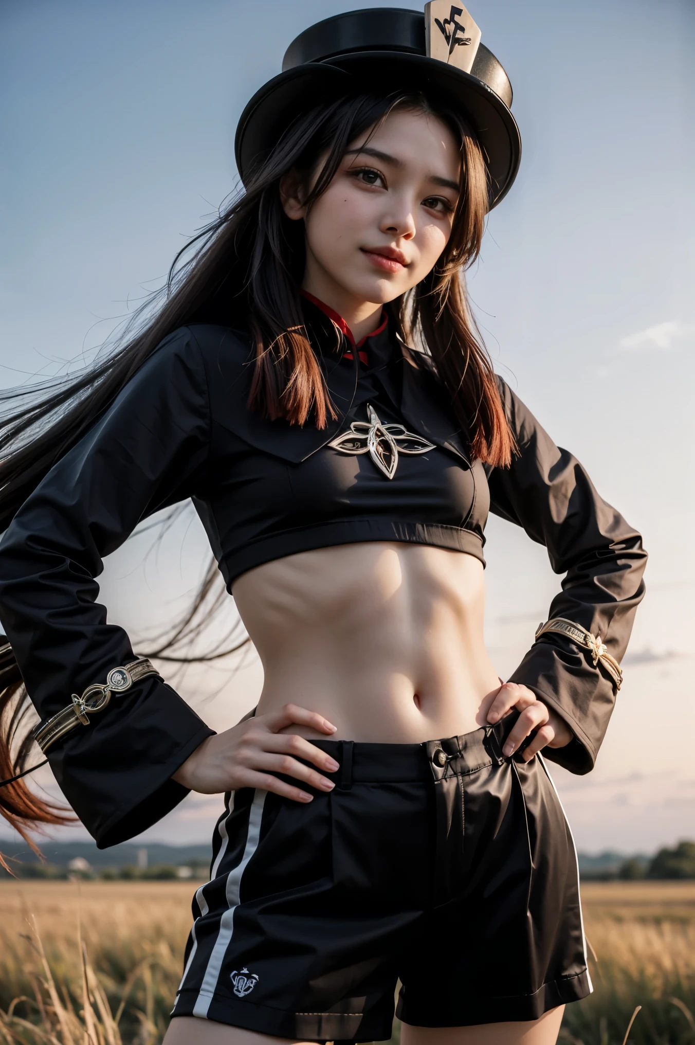 masterpiece, highest quality,Highest quality、(symbol-shaped pupils), (flower shaped pupils), blush, smile, open mouth,cowboy shot,(very long hair:1.2),(Perfect Face:1.2)、the wind is strong、The wind is blowing、Hair swaying in the wind、small breasts,(spread arms)、Facing forward、long sleeves, hat, jewelry, flower, thighs, shorts, socks, black headwear, chinese clothes, black shorts, ring,cowboy shot,Fiery red sky、sunset、(grassland)、Hands on hips、Pose with hands on hips、