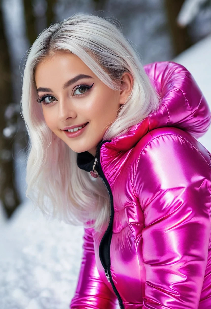 hyperrealistic beautiful busty 18-year-old  girl with long legs wearing shiny metallic hot-pink puffer catsuit, model shooting full body photography, dyed white hair with short ponytail, dark eye makeup with eyeliner, seductive smile, small necklace, 8K, Best quality, Meisterwerk, ultra high resolution, (Realismus: 1.4), Originalfoto, (realistische Hautstruktur: 1.3), (Filmkorn: 1.3), (Selfie-Winkel), 1 girl, Beautiful round hazel eyes and facial details, Meisterwerk, Best quality, posing outdoor sledging in the snow, nsfw