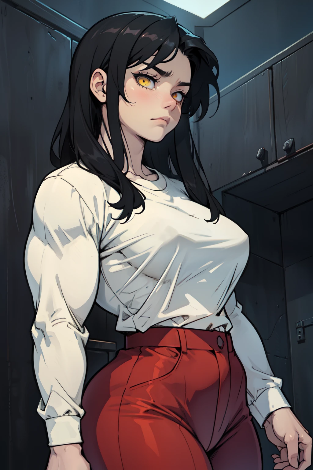 sad girl muscular muscular muscular breasts breasts breasts thick thick thick thick black hair yellow eyes pale skin pale skin thick thick thick long sleeve dark atmosphere thick thick thick thick thick thick muscular simple background sad sad sad sad tigth shirt