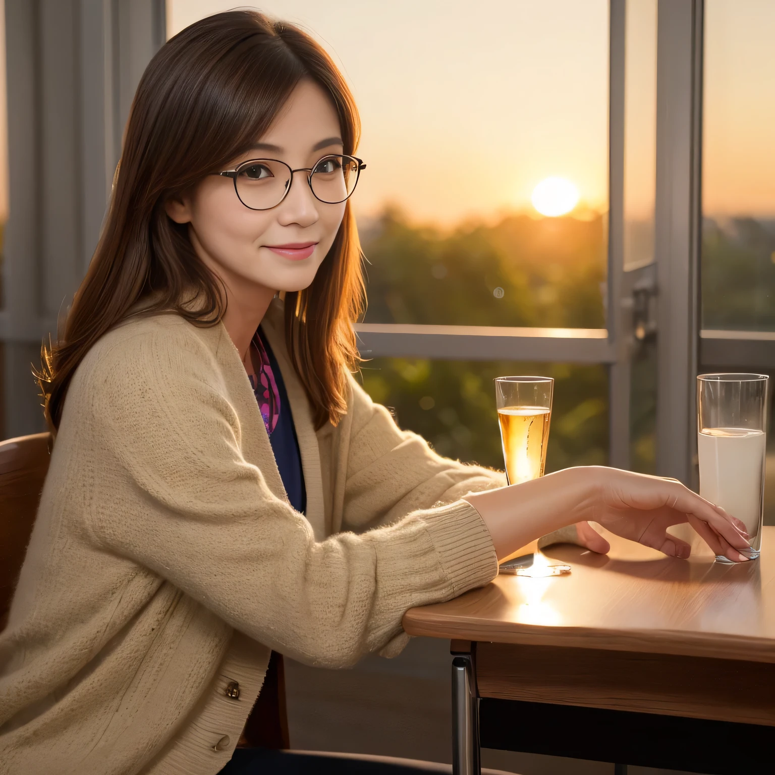 (highest quality、Tabletop、8k、Best image quality、Award-winning works)、One beautiful woman、(50 year old mature woman:1.1)、(Wrinkled face:1.1)、alone、Perfect beautiful composition、(Face close-up:1.5)、The most detailed perfect face、Accentuate your body lines、(Wear an elegant long open cardigan:1.1)、Elegant skinny pants、(Romantic and vibrant sunset:1.3)、Spectacular Cinema Lighting、(Perfect round elegant glasses:1.1)、Slender body、Look at me and smile、(The most natural and perfect high school classroom background:1.1)、Strongly blurred background、(The most natural and perfect normal desk and chair arrangement:1.1)、Natural Makeup、Ultra-high definition beauty face、Ultra HD Hair、Ultra-high definition sparkling eyes、(Shining Ultra HD Beautiful Skin:1.1)、Ultra-high quality glossy lips、(Accurate anatomy:1.1)、Ultra HD Hair