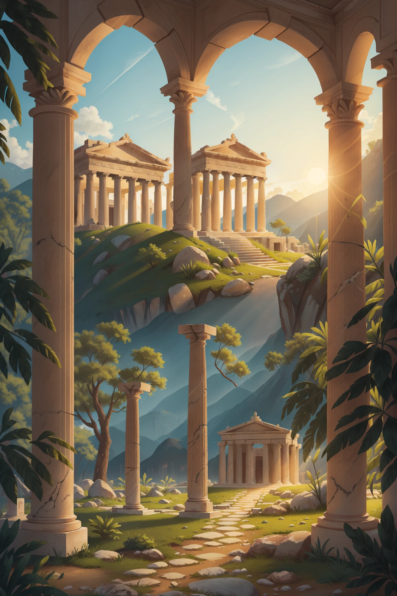 An open-air place with classic Greek architecture, defined by white marble columns carved with great dedication, exibindo um portico iluminado por sol nascente. The background is neutral, with an enigmatic atmosphere, abatido pela entrada do sol e bastante cuidadosamente modelado em estilo fotorrealista. The surrounding landscape is very detailed, with sparse green vegetation and a clear sky accompanying the dawn, captured with high 8 resolution