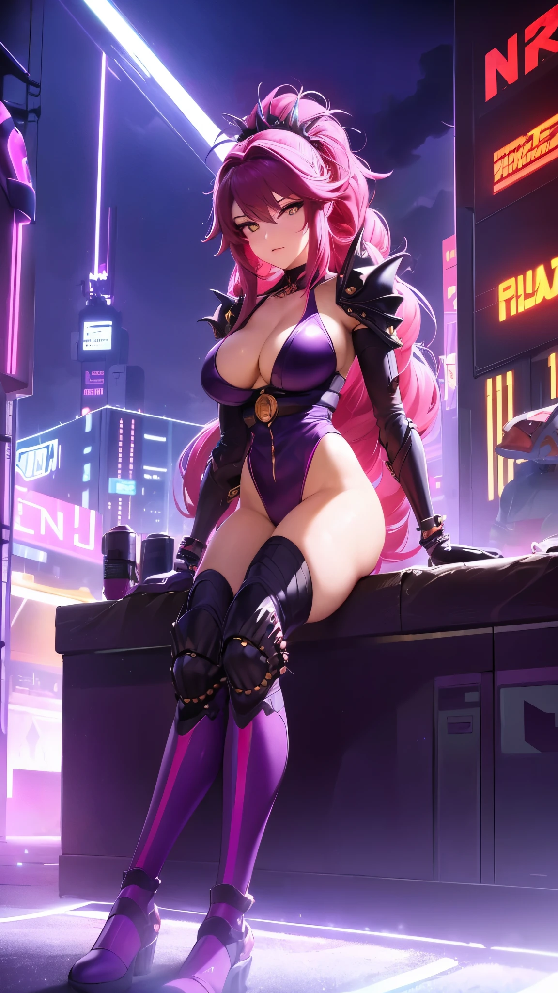 lacus4, (Biomechanical Dr. Mundo fusion with Fusion Shako's armor, Selena-inspired red bodysuit, knee-high boots, and gauntlets), (striking pose, battle-worn environment, dark and gritty atmosphere, 8K, Best Quality, Cyberpunk style: 1.5, serious, Male Champion, (ultra-detailed cyborg replacement limbs), (ruins, neon cityscape), Drawing lines, high resolution, lacus4), 1character, Duo, muscular build, Long hair, clavicle, scapular, (Detailed braided mohawk,