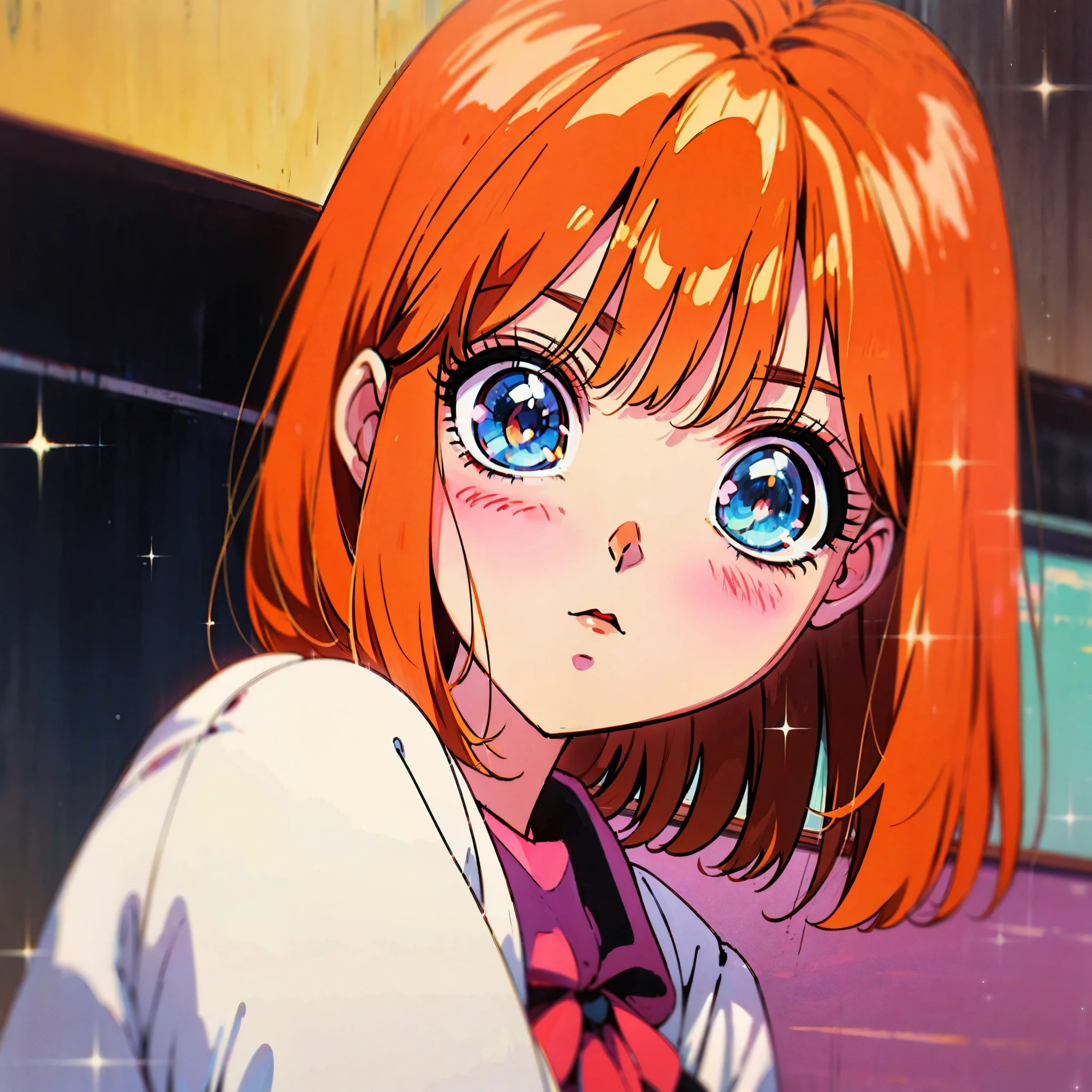 Vintage anime girl, 90's anime style, old animes, noise, chromatic aberration, good quality, old anime, naoko takeuchi style, vintage anime, sparkling big eyes, hair ribbon, yotsuba nakano