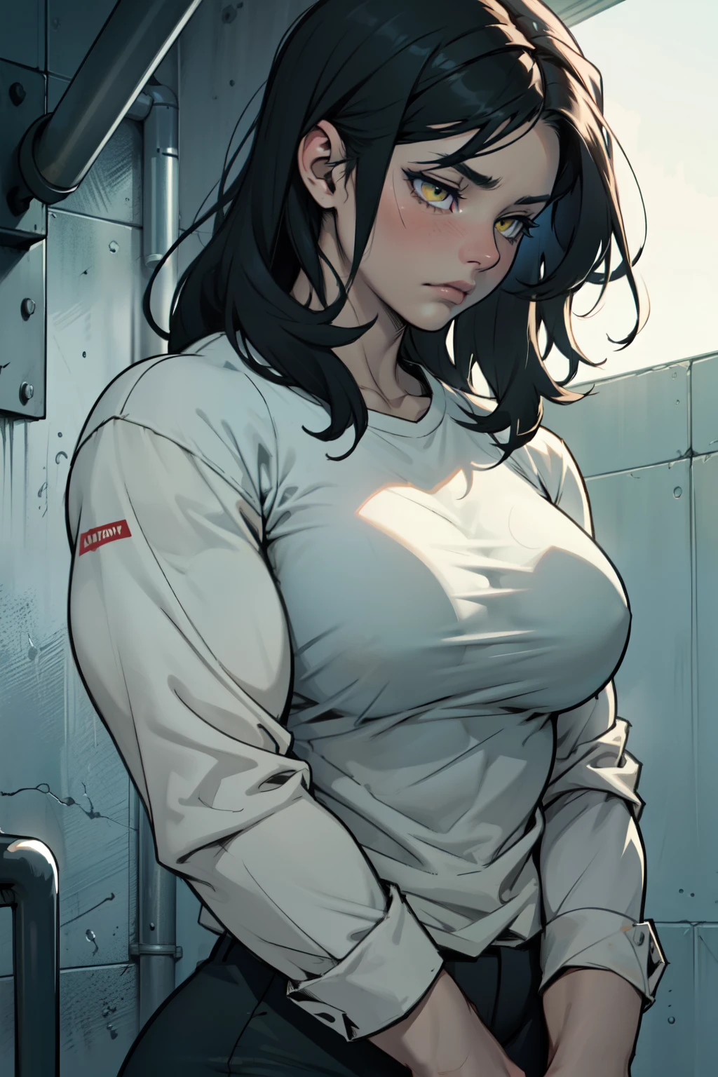 sad girl muscular muscular muscular breasts breasts breasts thick thick thick thick black hair yellow eyes pale skin pale skin thick thick thick long sleeve dark atmosphere thick thick thick thick thick thick muscular simple background sad sad sad sad tigth shirt