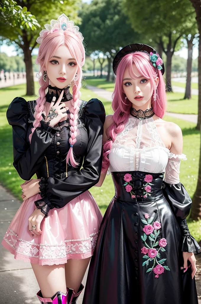 sexy stylish Swedish model, only 1 female, ((doll-like appearance)), long neon pink stylish hair, ((shiny Victorian-Style boots)), (big smile), ultra detailed eyes, vivid eye makeup, lipgloss, long lashes, defined eyebrows, ((sexy Paradise Kiss cosplay)), bell-shaped skirt, petticoats, high neckline, puffed sleeves, (( ultra detailed lace)), ((ultra detailed embroidery)), intricate details, Paradise Kiss accessoires and matching headpiece, choker, ((large sparkling Paradise Kiss jewelry)), cinematic light, detailed large park background with trees