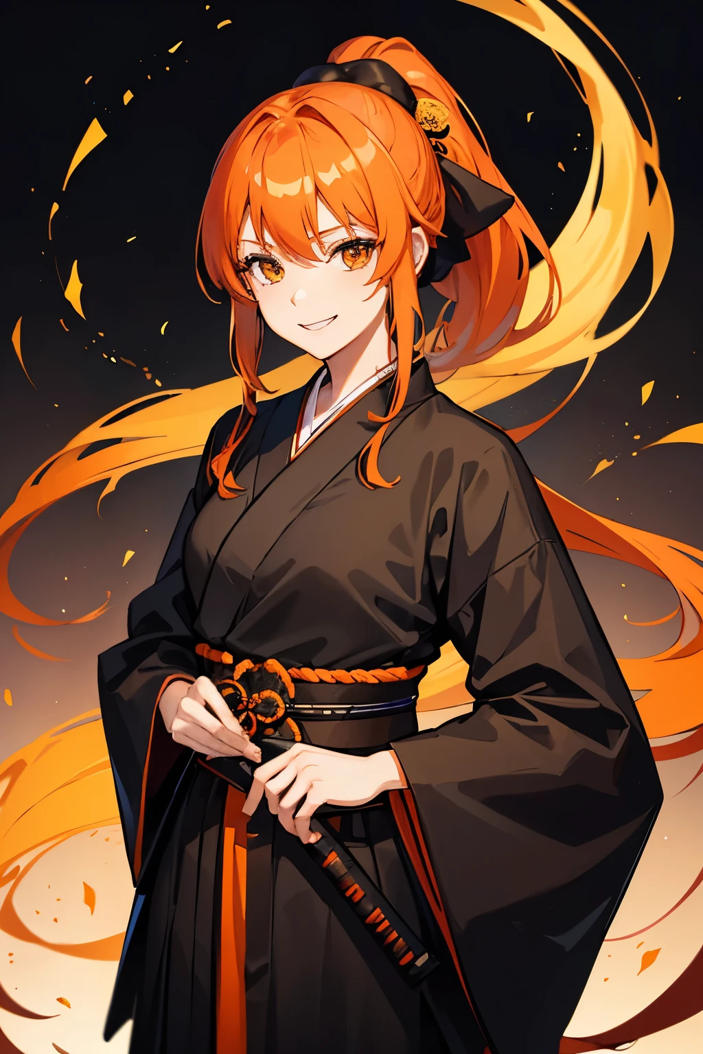 girl, orange hair, long hair, ponytail, black shihakusho, black kimono, black hakama, smile