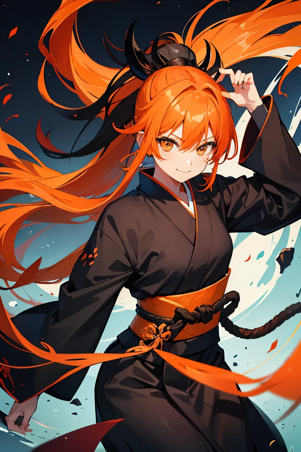 girl, orange hair, long hair, ponytail, black shihakusho, black kimono, black hakama, smile