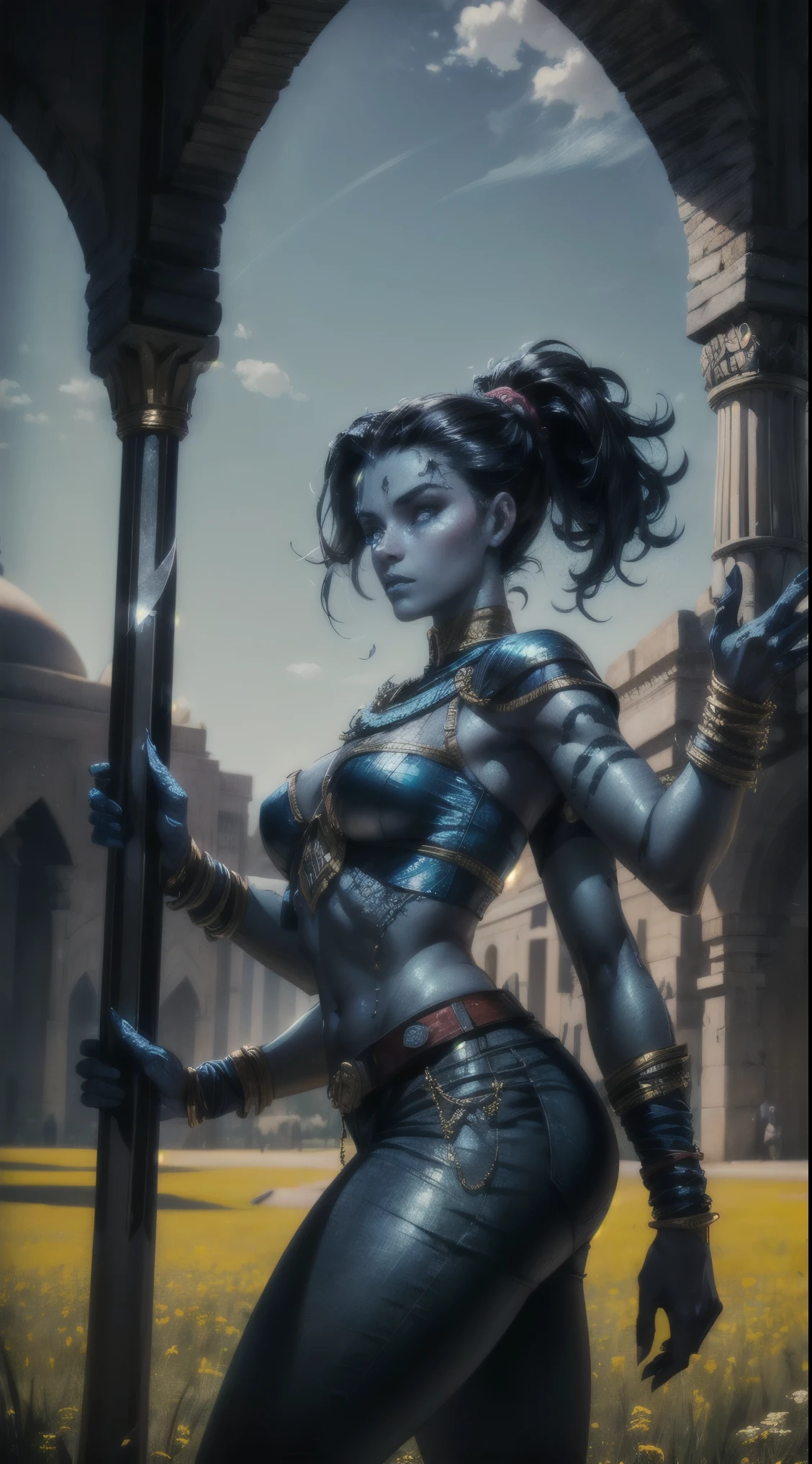 arab woman, (((blue skin))), (((four arms))), (((black hair))), indian woman, arabian, ((rogue battle clothes)), pants, ponytail, arabic swords, daylight field background .  (best quality,4k,8k,highres,masterpiece:1.2), HDR,UHD,studio lighting,ultra-fine painting,sharp focus,physically-based rendering,extreme detail description,professional, 