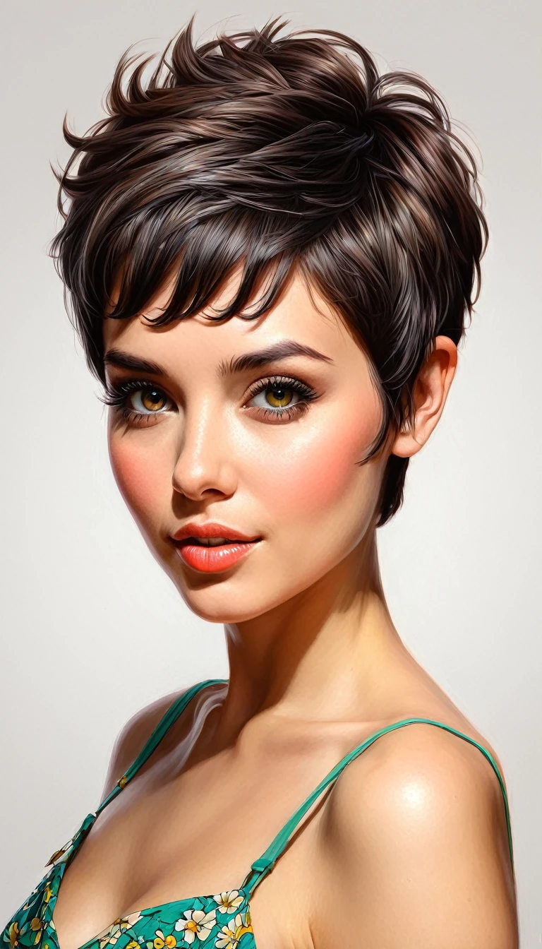 crea una mujer pelo corto pixie , flores, obra maestra, estilo ilustracion de Ali Erturk, alto detalle, hiperrealista, luz natural,ilustracion , colores llamativos