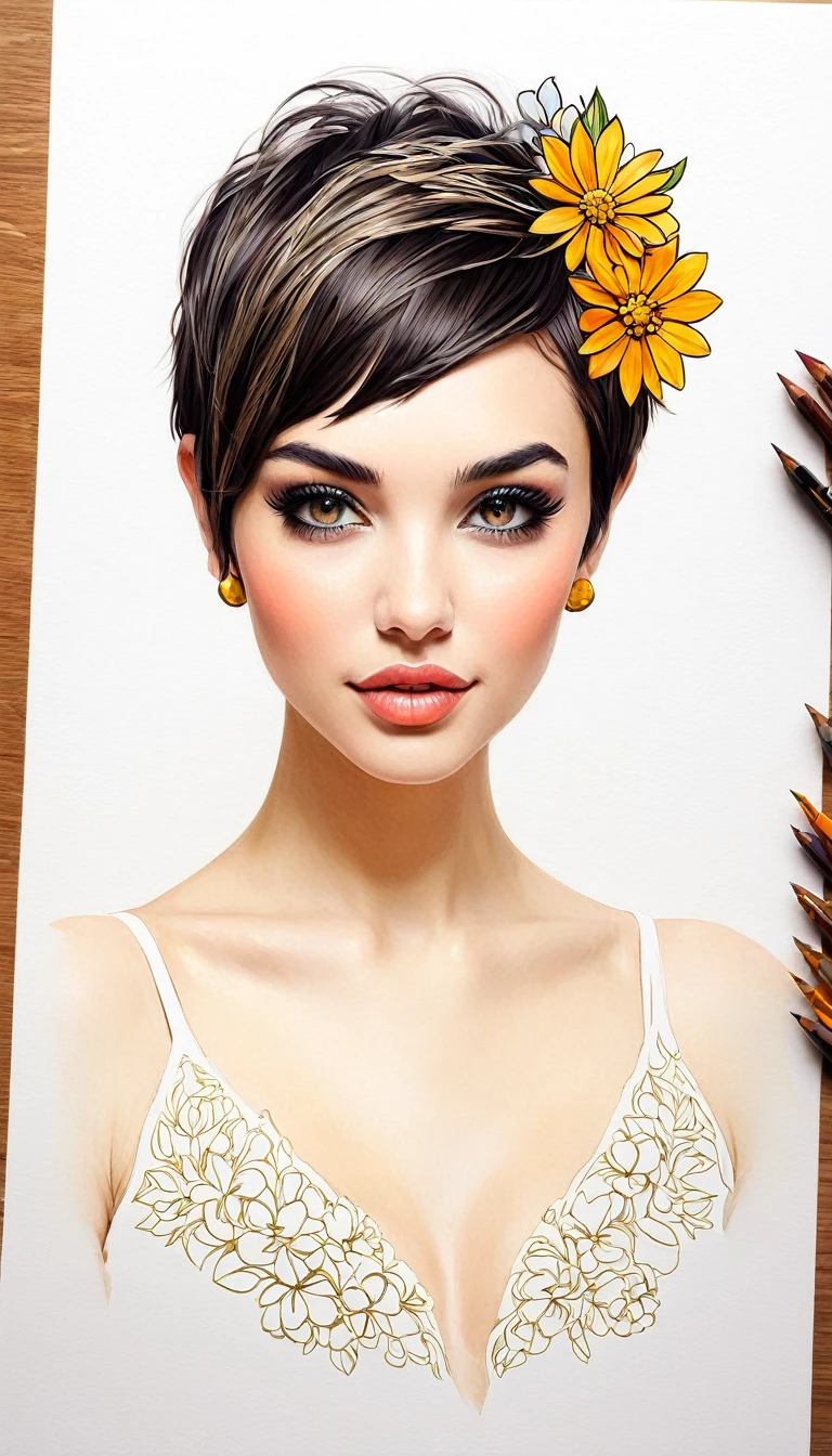 crea una mujer pelo corto pixie , flores, obra maestra, estilo ilustracion de Ali Erturk, alto detalle, hiperrealista, luz natural,ilustracion , colores llamativos