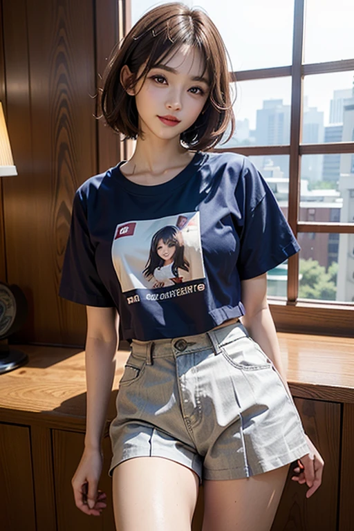 ((highest quality)), ((masterpiece)), (Familiar), Perfect Face, masterpiece、highest quality、High resolution、wallpaper、Realistic、Bright lighting、Professional Lighting、Face Light、Smooth lighting、Japanese women、24-years-old、so beautiful、Beautiful Skin、Beautiful and exquisite、Familiar顔、slim、Moderate、short hair、Brunette colored hair、Brown eyes、Looking into the camera、Commercial Photography, Beautiful Instagram influencer girls, The best smile,Asahi、Chibi T-shirt、(hot pants:1.2)