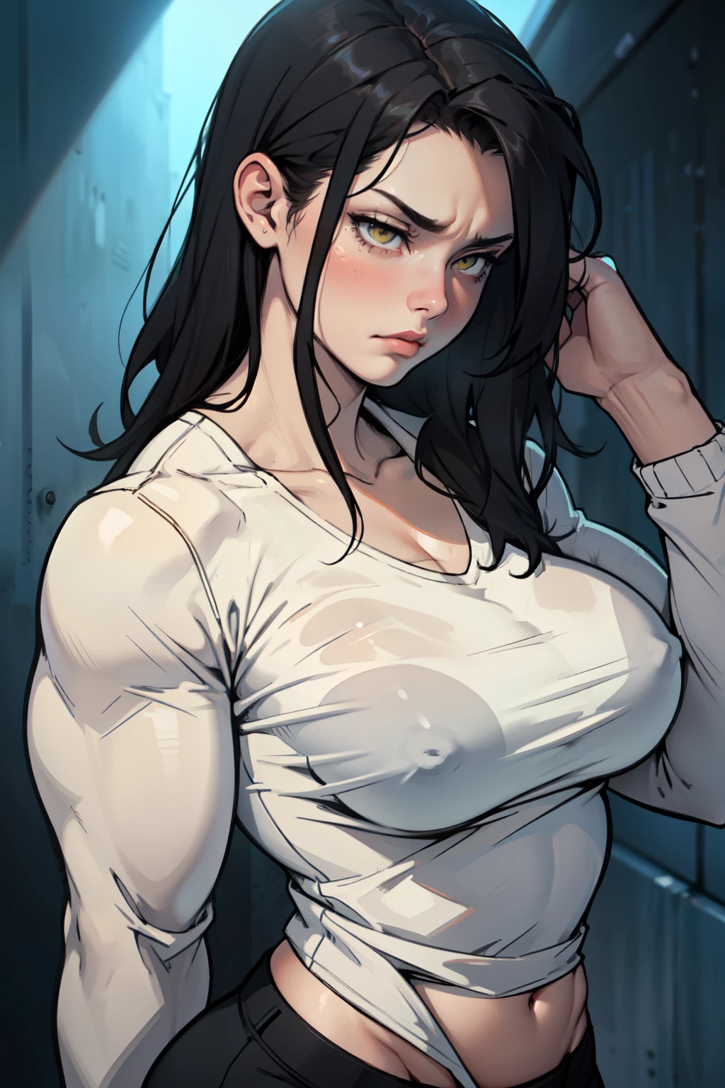 sad girl muscular muscular muscular breasts breasts breasts thick thick thick thick black hair yellow eyes pale skin pale skin thick thick thick long sleeve dark atmosphere thick thick thick thick thick thick muscular simple background sad sad sad sad tigth shirt