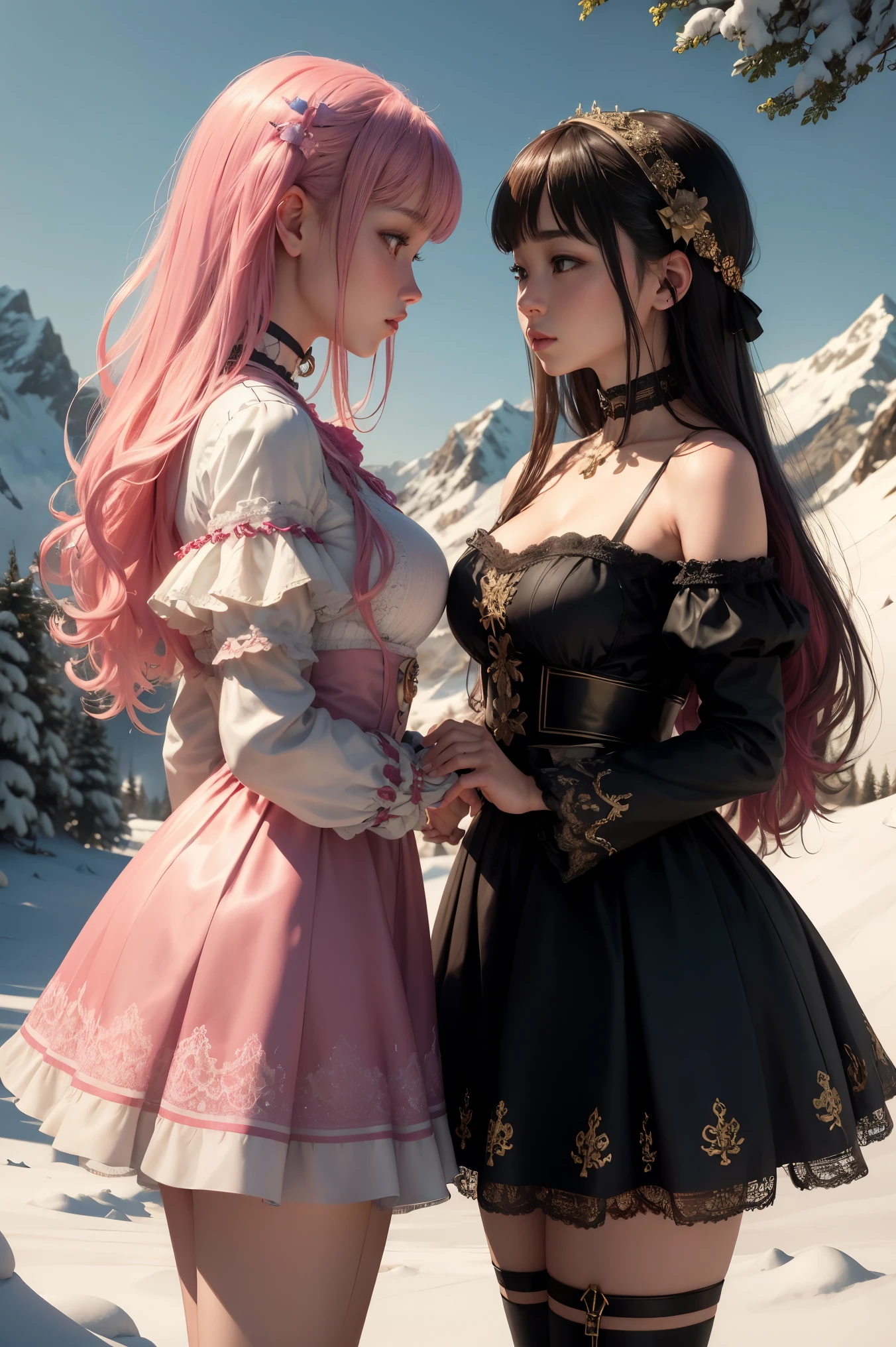 Photorealistic, ultra HD, graphics, best quality, realistic, CGI, 4k, masterpiece, best quality, high resolution, highly detailed, super detailed, 8k wallpaper, unified, amazing, fine details, wallpaper Very detailed 8k CG uniform screen, 2 Asian girls, colorful hair, kawaii cosplay girls, colorful short dresses, strappy dress, choker, skinny body, looking into each other's eyes, on a snowy mountain