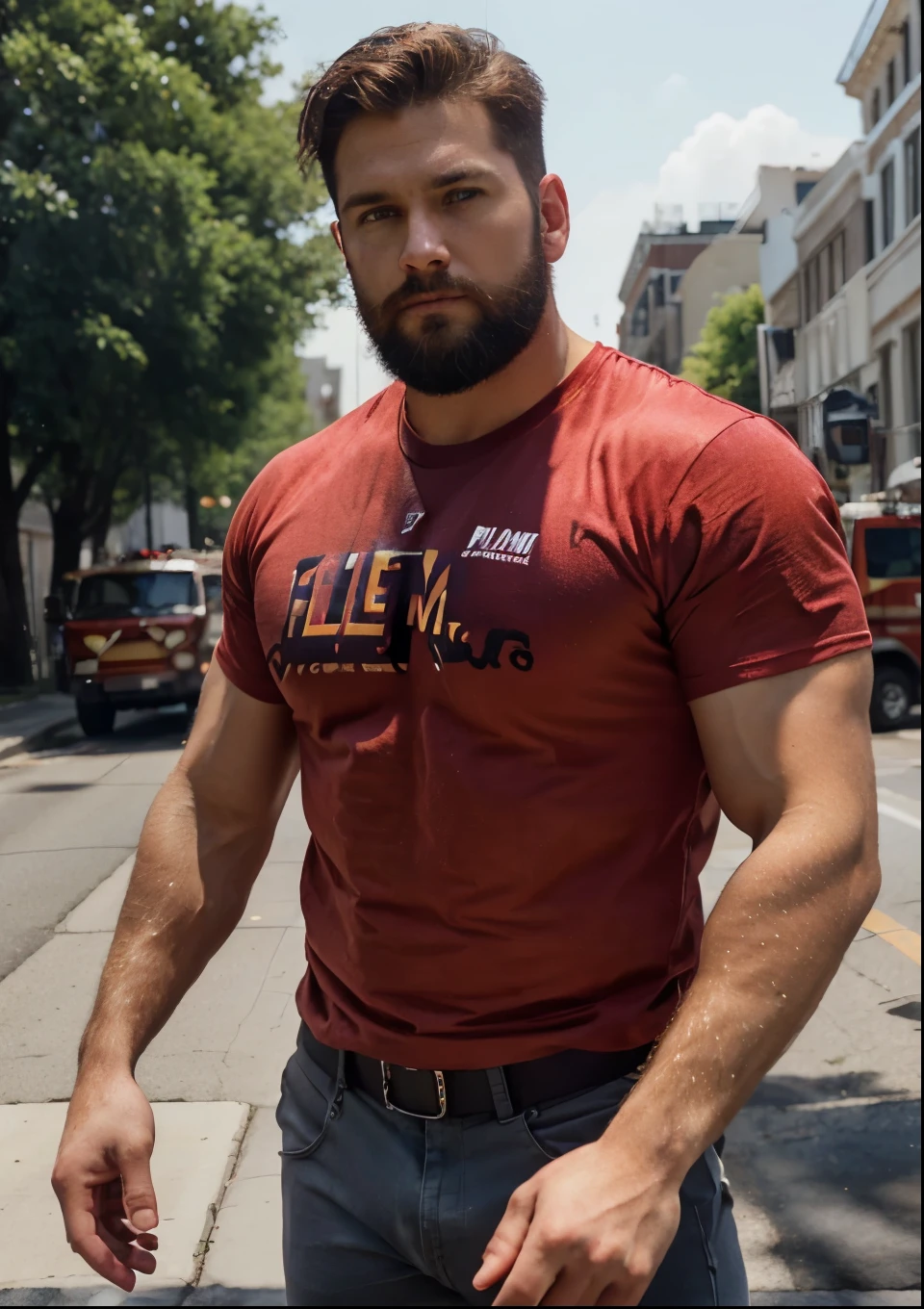 realistic photo of a alpha male man, virile mam, macho alpha male, caucasian white man, red t-shirt, black pants, a fireman fire truck, on street, sunshine, alpha fireman, alpha male, handsome, perfect face, short perfect beard,, military hair