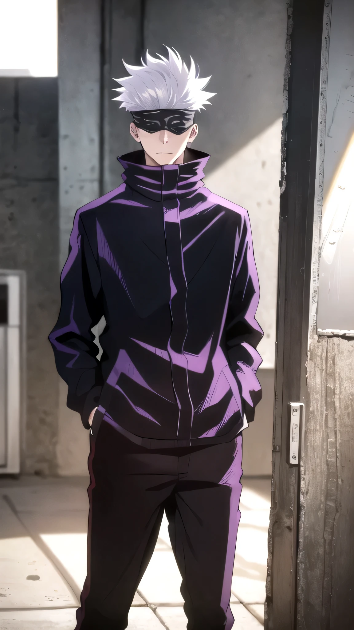 portrait,masterpiece, best quality, 1boy, gojou satoru,face focus, white hair, short hair, blindfold, black jacket, high collar, upper body, solo, (looking at viewer), idle, standing,thigh, cartoon, blue sky,