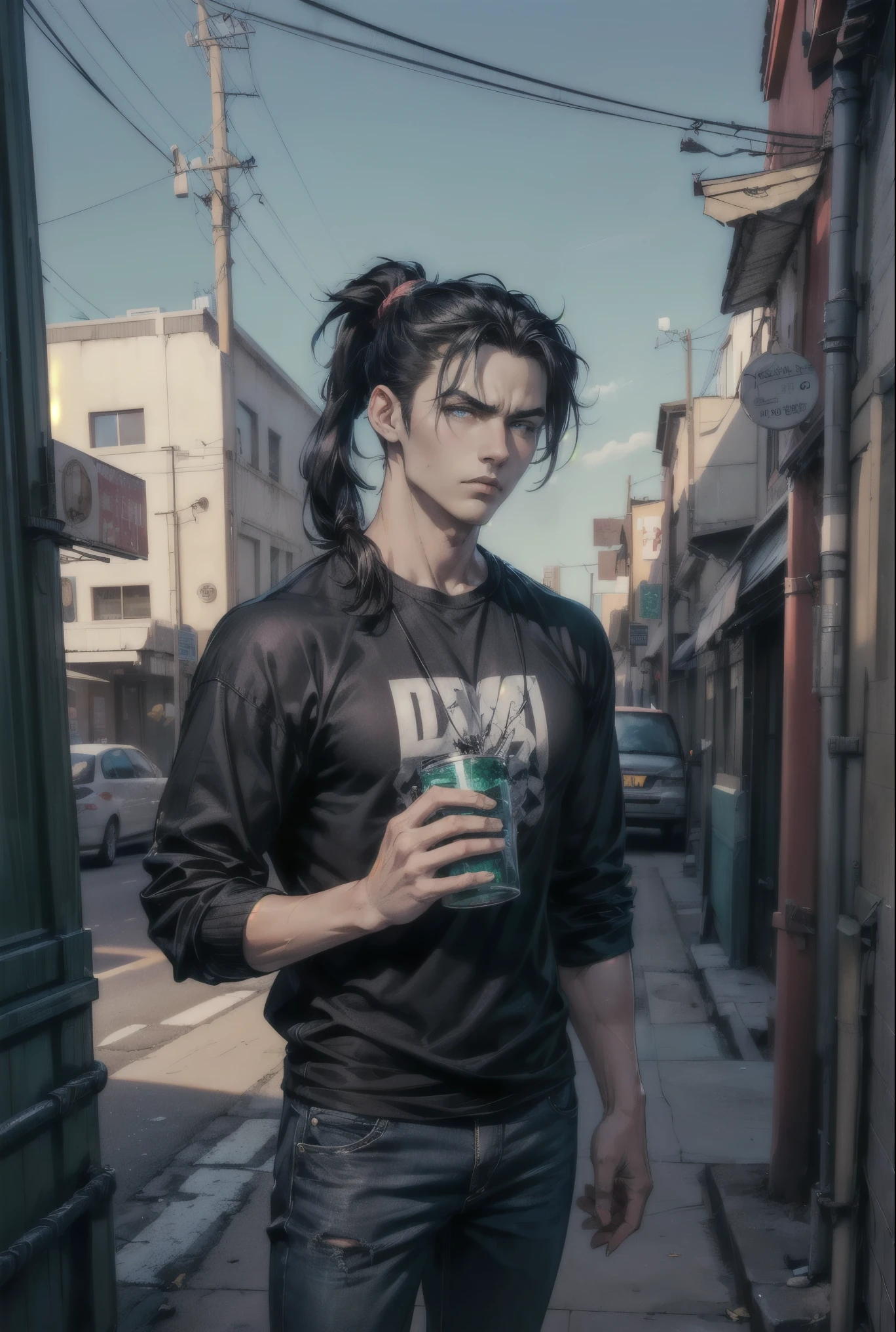 Handsome (((young man)), (((male))), intelligent, blue eyes, emerald eyes, black hair, straight hair, long hair, dark hair bound up in a ponytail, (((ponytail))), pale skin, serious expression, urban casual clothes, going through breakup, Stern fase, action pose