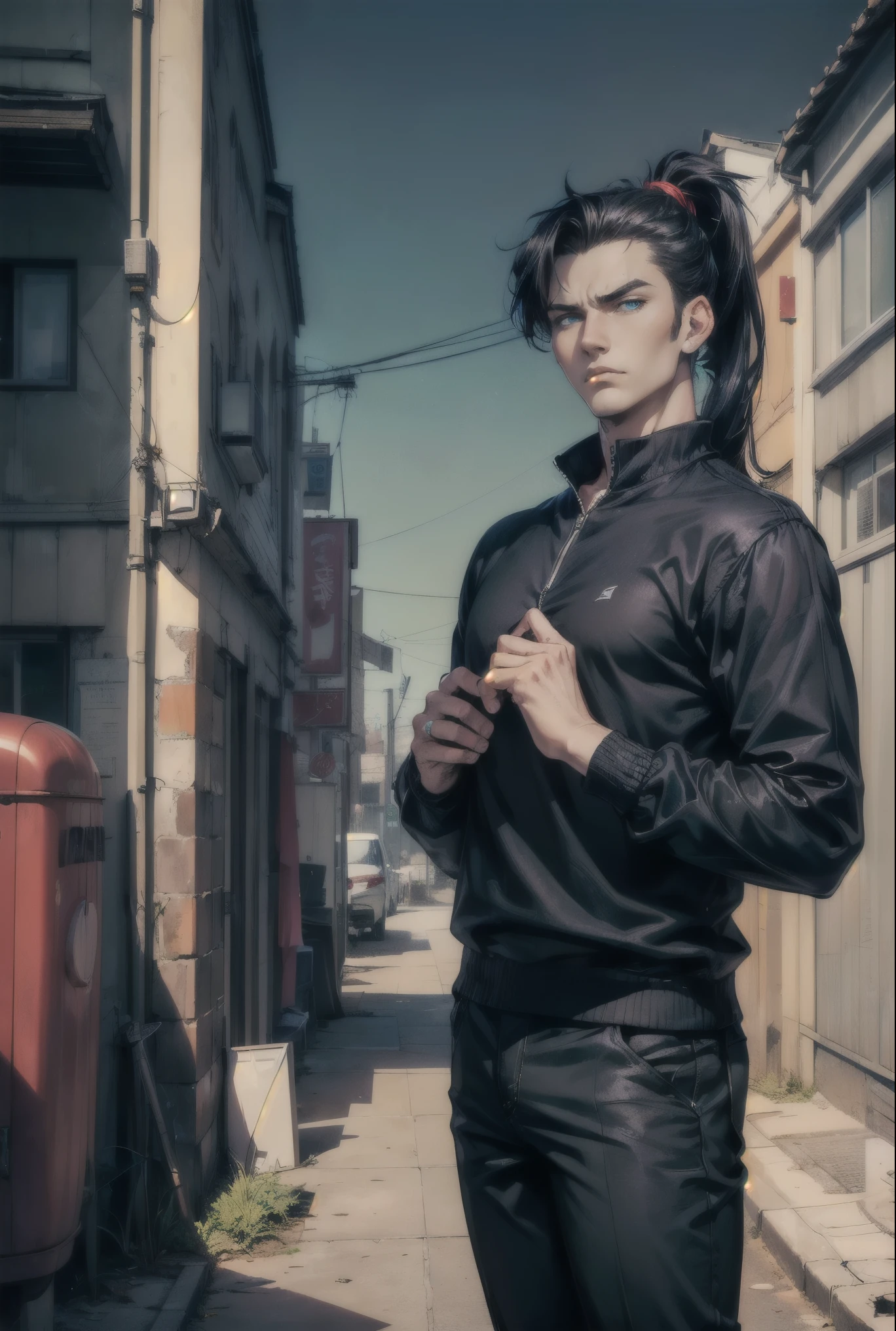 Handsome (((young man)), (((male))), intelligent, blue eyes, emerald eyes, black hair, straight hair, long hair, dark hair bound up in a ponytail, (((ponytail))), pale skin, serious expression, urban casual clothes, going through breakup, Stern fase, action pose