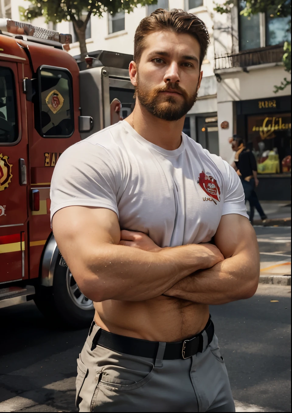 Bombero guapo desnudo, que se le vea los boxers, de pie, musculoso, que se le vea obligatoriamente la cara y que tenga un bulto grande en la entrepierna. que este sonriendo, ojos de color grises. Wear firefighter items, que lleve el peto de bombero sin cerrar.